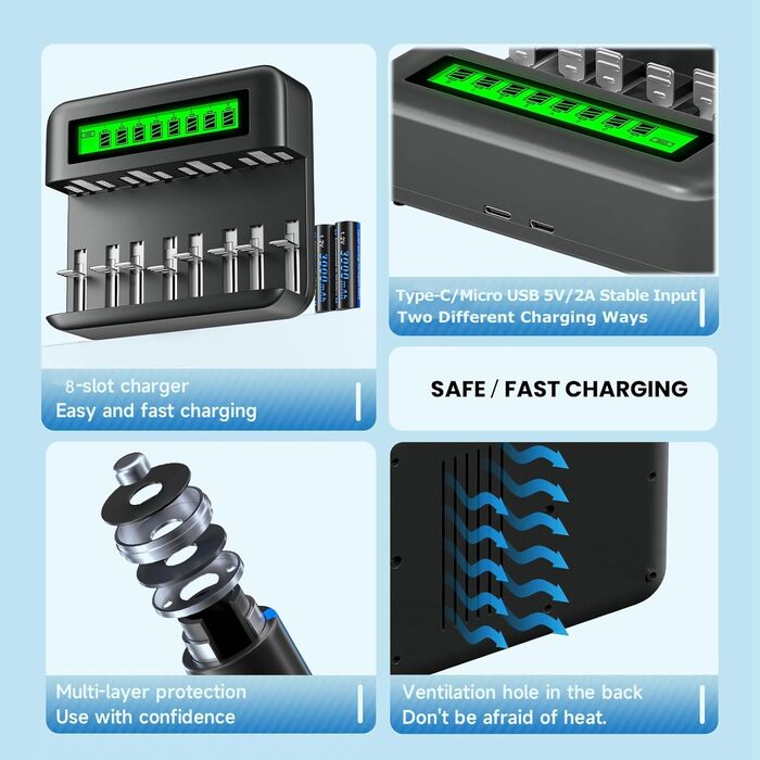 Акумуляторні батареї CITYORK C Cell 5000mAh з 8 слотами для зарядного пристрою Ni-MH акумуляторів AA AAA CD (зарядний пристрій та 6 батарейок Baby C)