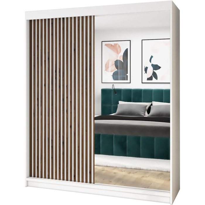 Шафа з розсувними дверима ЗІ ВОМБОЮ 180 см з дзеркалом та дерев&39яними ламелями (біла) Біла 180 см x 215 см