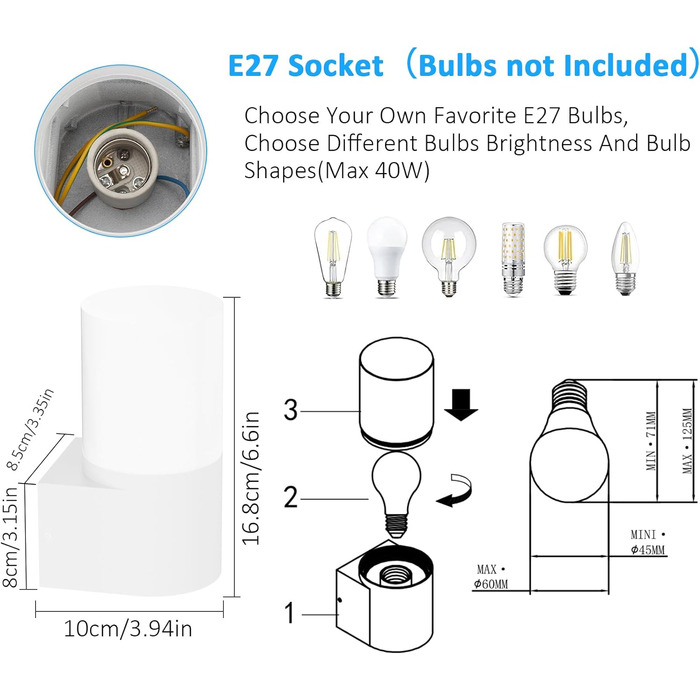 Зовнішні настінні світильники E27 розетка зовнішнє освітлення, настінні світильники зовнішнє/внутрішнє, зовнішнє світло IP65, алюм