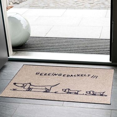 Килимок для дверей Salonloewe, що миється, 50x75 см, Hereingedackelt Family Beige, з мотивом сімейної такси, брудозбірний килимок, килимок для очищення, килимок для дверей для собак 50 x 75 см (прямокутний), бежевий