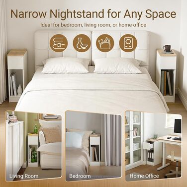 Комплект із 2 вузьких тумбочек, приліжкові тумбочки з шухлядою та полицею, тумбочки для спальні та вітальні, білі, Ш20 x Г35 x В60 см, FBT111-WNx2