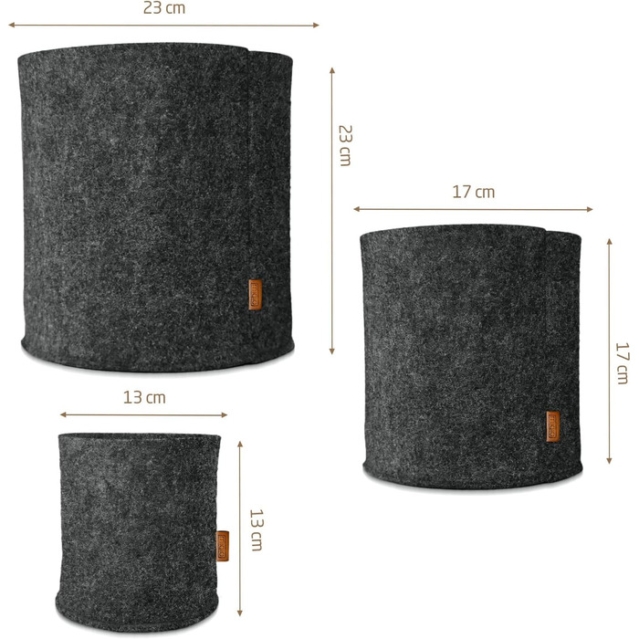 Кошик Miqio Design Premium Felt - Круглі кошики для зберігання - Набір з 3 шт. - Кошик для рослин - Квітковий горщик - Сертифіковано Oeko-Tex - Складаний органайзер для всіх кімнат - Темно-сірий