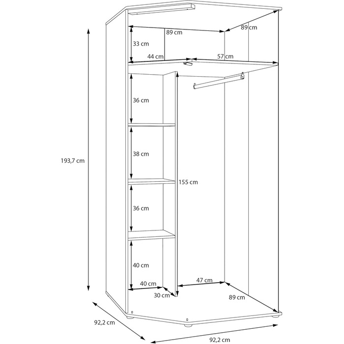 Кутова шафа Forte WEXLIN 90 95, сучасна шафа з дверцятами, дитяча та підліткова кімната, декор під дуб кашемірбежевиймаувелла, 92,2 см завширшки x 193,7 см заввишки x 92,2 см завглибшки