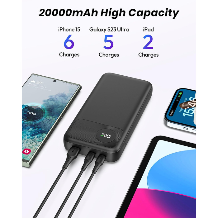 Вт Швидка зарядка Power Bank з USB-C входом і виходами PD3.0 QC 4.0, портативний зарядний телефон, зовнішній акумуляторний блок, сумісний з iPhone, смартфонами, планшетами, чорний, 20000mAh, 22, 5