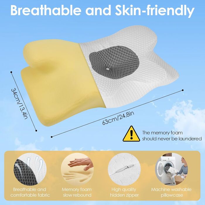 Подушка для шиї з піни з ефектом пам&39яті, ергономічна ортопедична подушка, регульована по висоті, подушка для сну на боці, спині та животі - 63 x 34 см x 9/12 см, біла