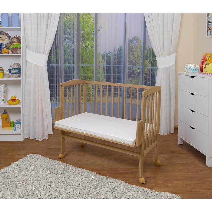 Приліжкове ліжечко Waldin з матрацом, регульована по висоті, натуральна необроблена деревина, велика поверхня для лежання 90x55 см (90Д x 60Ш x 80В см), натуральна необроблена деревина