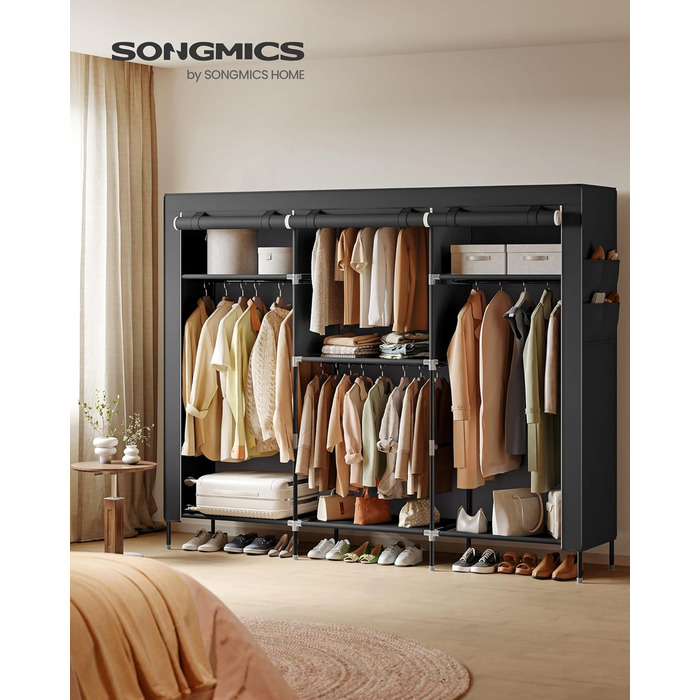 Шафа, Тканинна шафа для спальні, Шафа з вішалкою для одягу, Полиці, Бічні кишені, Велика, 4 відділення для вішалок, 45 x 189 x 180 см, Чорний RYG011BZ02 189B см