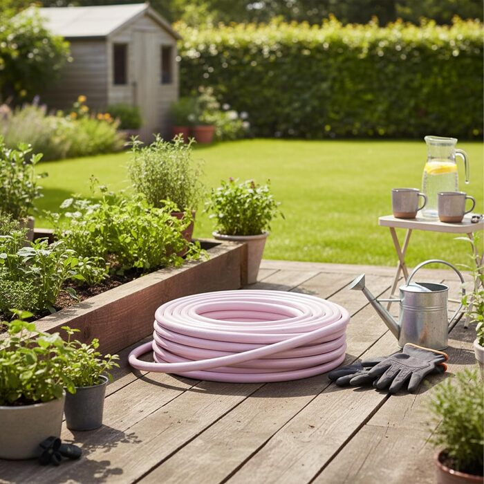 Шланг садовий Relaxdays, 50 м, універсальний водяний шланг 1/2, стійкий до УФ-випромінювання та погодних умов, тканинний садовий шланг, PP, рожевий