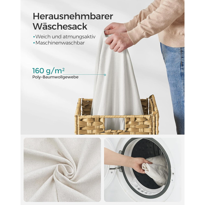 Кошик для білизни 90 літрів, ручне плетіння, з синтетичного ротангу, з кришкою та ручками, складаний, знімний мішок для білизни, н