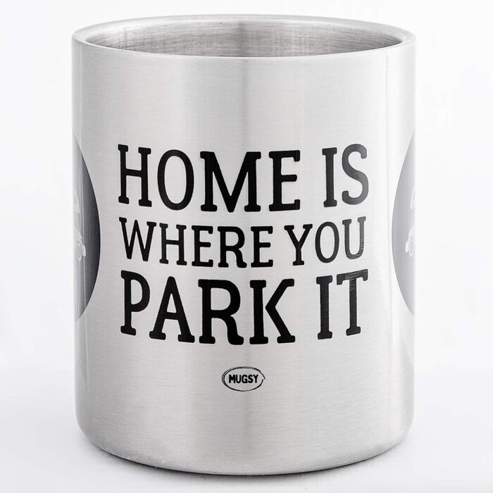 Емальована кружка MUGSY, Дім там, де ви її паркуєте, мотив Vanlife, 330 мл, біла, ударостійка та легка з нержавіючої сталі, для кемпера