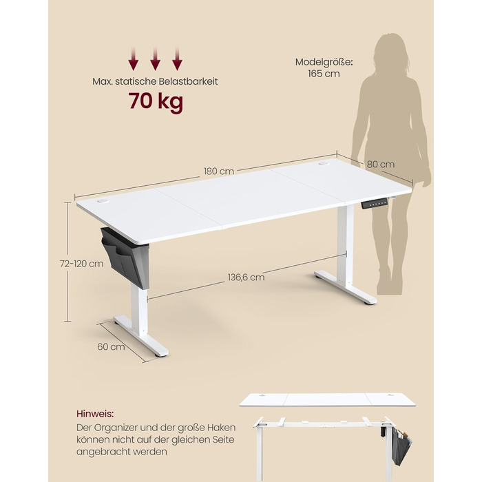 Електричний письмовий стіл SONGMICS з регульованою висотою, 180 x 80 см, безступінчасте регулювання, функція пам&39яті з 4 рівнями висоти, колір хмарно-білий LSD138W01 180 x 80 см