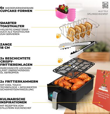 Л, 2400 Вт, 80-200 C, функція струшування розроблена STILLSTERN, Same-End, 120 рецептів GERMAN, 8 програм, зневоднення, розморожування та підтримання тепла, фритюрниця чорна, 1-8 Pers 2x4 8