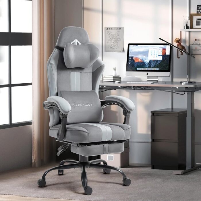 Ергономічне ігрове крісло PixelPilot Дихаюча тканина Ігрове крісло з підставкою для ніг, підголівником та поперековою опорою, ігрове ПК-крісло з широким сидінням, офісне крісло вантажопідйомністю 150 кг (Nebula I, сірий) Grey Nebula