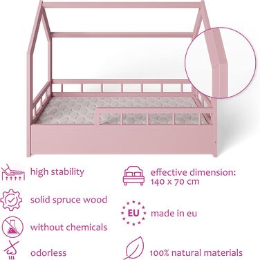 Дитяче ліжко ms factory house 70x140 см із захистом від падіння та рейковою основою - односпальне ліжко з соснової деревини для дівчаток та хлопчиків - Pink Pink Half Bed 70 x 140 см