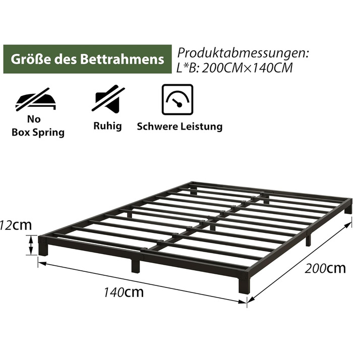 Ліжко-платформа з металу, каркас ліжка 140 x 200 см, низьке металеве ліжко з металевою рейковою основою, сучасне металеве ліжко для дорослих, дітей, підлітків, легке складання, двоспальне ліжко, чорне, висота 12 см, 140 x 200 см, чорне (низьке)