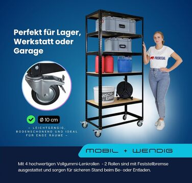 Комплектувальний візок BUFFALO Мобільний комплектувальний стелаж 192x90x50 см 5 полиць Навантаження на полицю 50 кг 2 шт. поворотні ролики та 2 шт. поворотні ролики з фіксуючим гальмом Чорна полиця на колесах Комплект візків для полиць з 2 предметів - 192