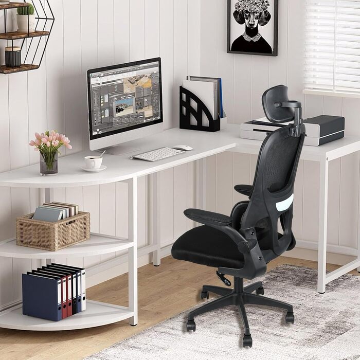 Ергономічне офісне крісло OHMG, офісне крісло з сітчастої тканини, поперекова опора та сидіння з регульованим кутом нахилу, підголівник, регульовані підлокітники, поворотні колеса на 360, вантажопідйомність 200 кг (чорне, 125 x 65,5 x 64 см) Чорний - 125 