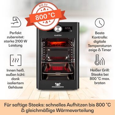Активна зона реактора Klarstein Steak - високотемпературний гриль, 2100 Вт, діапазон температур 200-800 C, гриль в приміщенні, випромінюючий нагрівальний елемент, чорний чорний - 2100 Вт