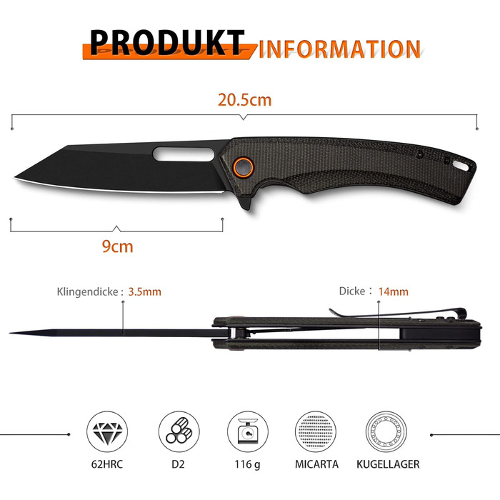 Складаний ніж NedFoss MAMBA, одноручний ніж зі сталі 9CM D2 з рукояткою Micarta, кишеньковий ніж з замком лайнера та шарикопідшипн