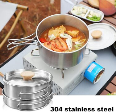 Набір посуду для кемпінгу з нержавіючої сталі каструля з кришкою та складаною ручкою, портативний посуд для туризму, походів, риболовлі та пікніків