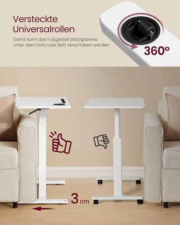 Журнальний столик VASAGLE з колесами, мобільний стоячий столик, стільниця 80 x 45 см, регульована висота, 2 підсклянники, відділення для мобільного телефону або планшета, хмарно-білий LSD601W01 80 x 45 см хмарно-білий