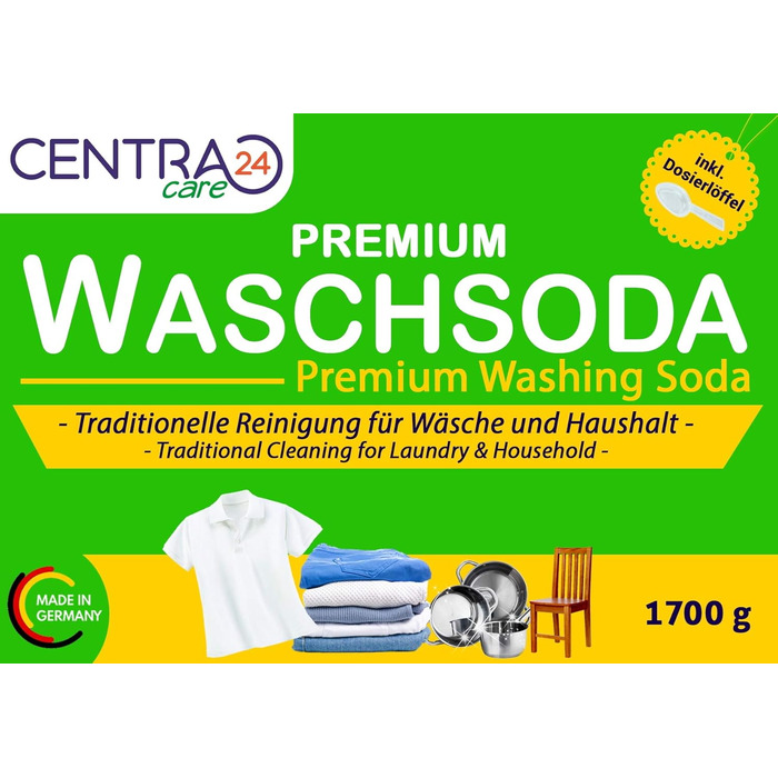 Пральна сода Centra24 Premium 1700г вкл. дозуючу ложку у відрі, багатоцільовий очищувач, засіб для видалення жиру, саду, дому, ванної кімнати та кухні, засіб для видалення неприємних запахів, кальцинована сода, карбонат натрію, NA2CO3