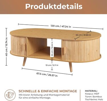 Журнальний столик Nordkapp, стіл для вітальні з 2 розсувними дверима, бамбуковий диван-столик з місцем для зберігання, журнальний столик з дерев&39яними ніжками, 120 x 55 x 40 см