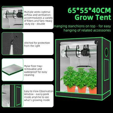 Гроубокс 55x40x65 см з оглядовим вікном, піддоном, вентиляційним отвором та виходом для кабелів (Чорний, Поліестер)