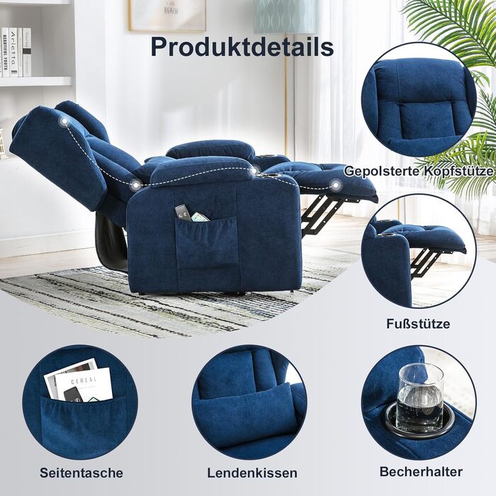 Крісло-реклайнер COMHOMA з функцією підйому, масажне крісло з тканинною поверхнею, електричне підйомне крісло, крісло для телевізора з функцією підйому та відкиданням, тканина - синій