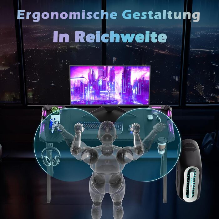 Ігровий стіл AufuN зі світлодіодним освітленням, комп&39ютерний стіл, ігровий стіл 120 x 60 см, міцний ПК-стіл з вуглецевим волокнистим покриттям, ергономічний ігровий стіл з гачком для навушників та підставкою для чашок, чорний 120x60 см
