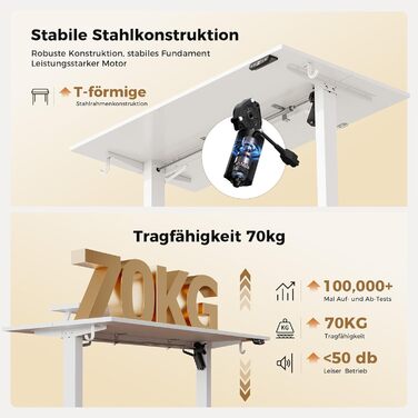 Електрично регульований по висоті стіл 100 x 60 см зі світлодіодною стрічкою, USB-портом та регульованою підставкою для монітора, стіл для роботи стоячи з 2-секційною стільницею, комп&39ютерний стіл, білий 100 x 60 см зі світлодіодним підсвічуванням