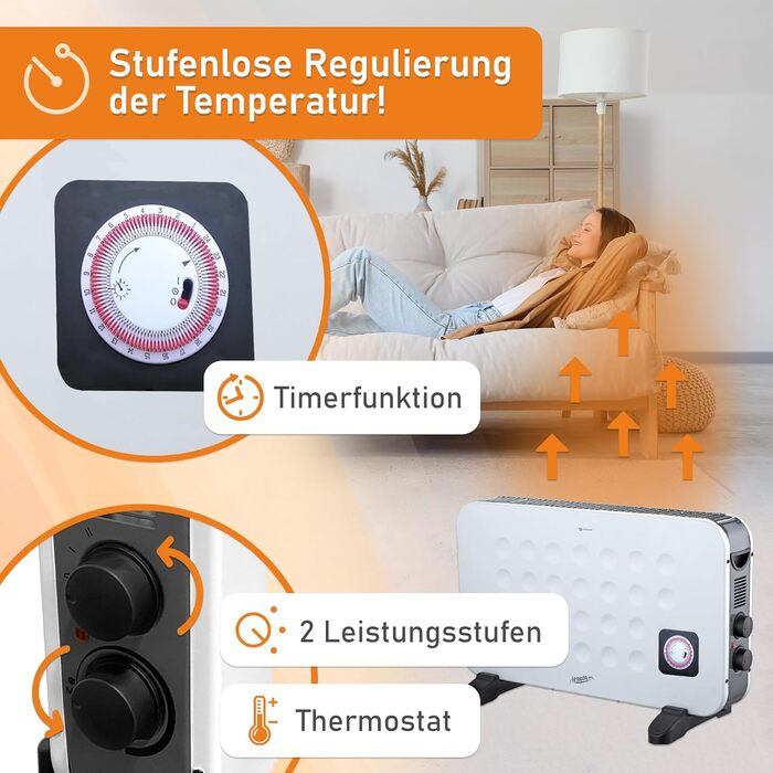 Портативний електричний обігрівач LEMODO - енергозберігаючий конвекторний обігрівач - електричний обігрівач з 2 рівнями потужності - безгазовий обігрівач - надійний електричний радіатор (1250 Вт / 2000 Вт) з таймером та функцією турбо