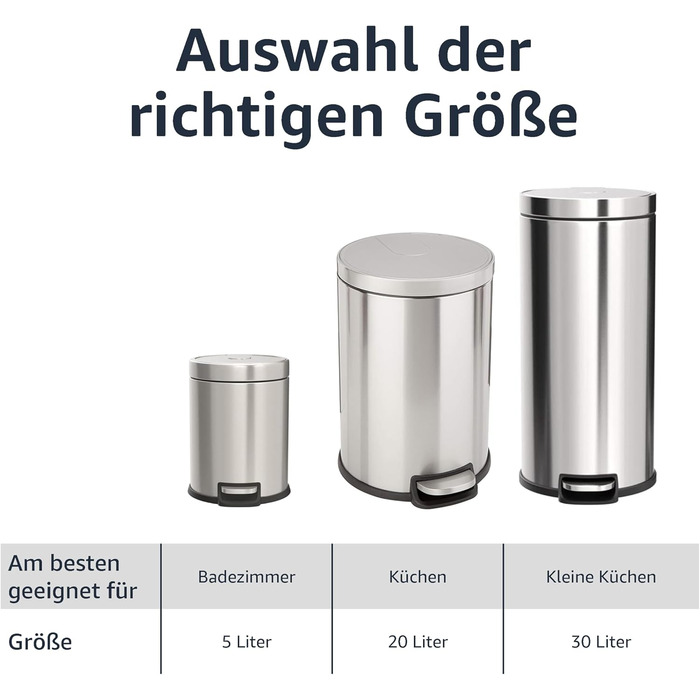 Сміттєвий бак Storeo Basics 20 л зі сталевою трубчастою педаллю - м'яке закриття з кришкою, для кухні, ванної кімнати або офісу, ц