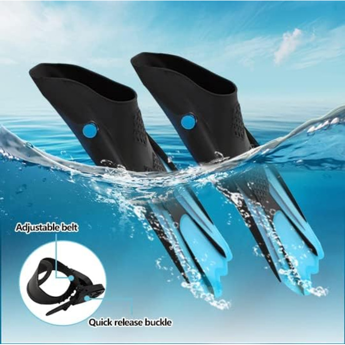 Ласти для снорклінгу, регульовані ласти для дайвінгу, короткі з сумкою для перенесення, ласти для плавання для дітей та дорослих, розмір 34-38, легкі дорожні ласти для плавання та снорклінгу, сині, S
