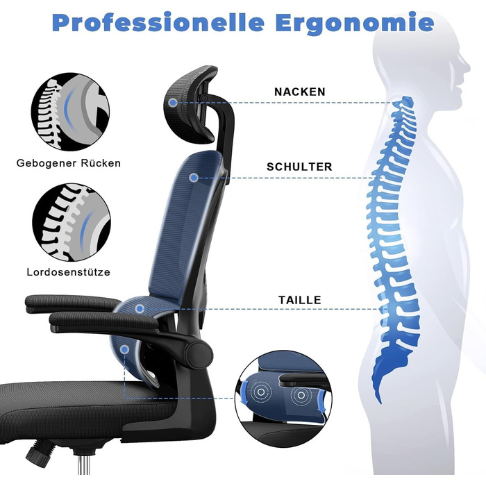 Ергономічне офісне крісло naspaluro, стілець для роботи з відкидними підлокітниками, динамічна поперекова підтримка, регульоване по висоті офісне крісло з функцією нахилу 120, чорний колір з підголівником