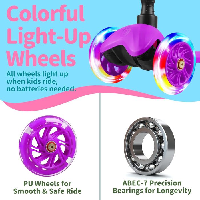 Самокат дитячий 2 роки, 3-колісний самокат зі світлодіодними колесами, що світяться, регульований по висоті, нахил для керування,