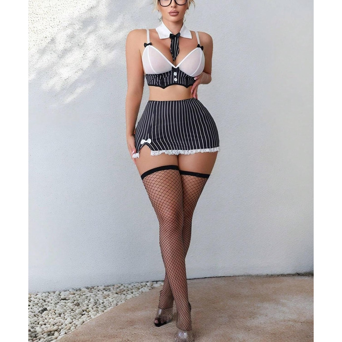 Комплект жіночої сексуальної білизни для косплею з бюстгальтером, міні-спідницею в смужку та панчохами в сітку - костюм секретарки для косплею XL