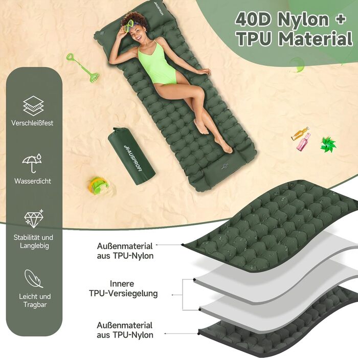 Килимок для сну HAUSPROFI, надлегкий надувний матрац для кемпінгу з ножним насосом та подушкою, надувний матрац, компактний та легкий, килимок для кемпінгу для походів, пляжу, використання на свіжому повітрі, армійський зелений