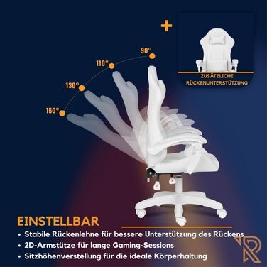 Ігрове крісло Apollo ергономічне обертове крісло з регульованою спинкою (90135), підлокітниками, подушками для попереку та шиї, штучна шкіра, стильний дизайн, високий комфорт для геймерів, білий колір.