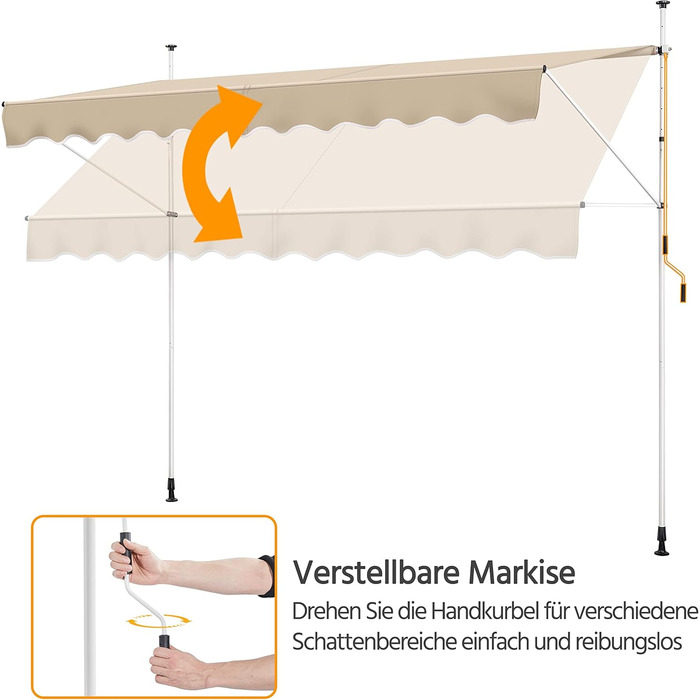 Тент Yaheetech із затискачем, шириною 300 см, для балкону, з ручним приводом, захистом від сонця без свердління, регульованою висотою та каркасом, бежевий, бежевий, 300 см