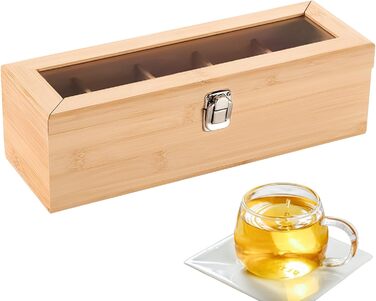 Чайна коробка, чайні коробки для чайних пакетиків, коробка для зберігання чайних пакетиків з 4 регульованими відділеннями та оглядовим віконцем, дерев&39яна чайна коробка, коробки для зберігання чаю з кришкою, 9x30x10 см