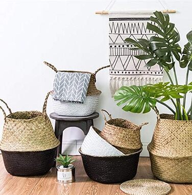 Кошик з морської трави, квітковий горщик, натуральний кошик, плетений кошик для білизни з ручкою для зберігання рослинних іграшок (чорний) Чорна найширша частина 32 x 28 см