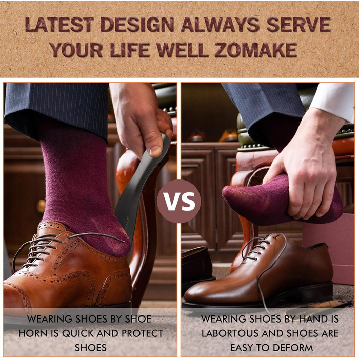 Металевий ріжок для взуття ZOMAKE Набір з 2 - 42 см чорний довгий ріжок для взуття з нержавіючої сталі зі шкіряним ремінцем, 19 см