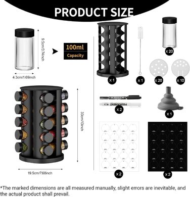 Кругла чорна підставка для спецій з 20 чорними круглими банками для спецій, карусель для спецій з нержавіючої сталі, що обертається на 360, органайзер для спецій, підставка для спецій, банки для спецій зі вставкою-шейкером, кругла банка для спецій B 20