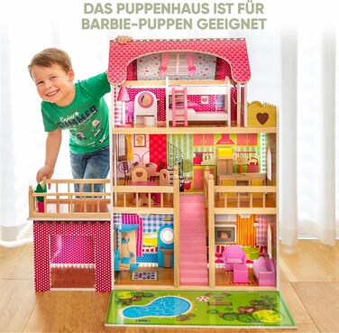Дерев&39яний ляльковий будиночок Kinderplay Велика 3-поверхова вілла з гаражем та садом Світлодіодне освітлення, 17 предметів меблів Для дітей від 3 років, Ляльки до 30 см 90 см заввишки, Рожевий