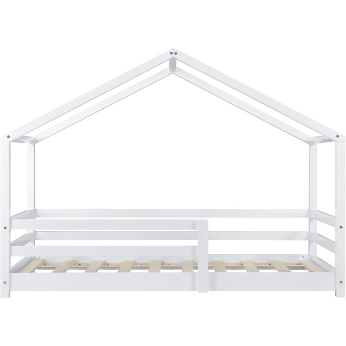 Дитяче ліжко Kntten, Ліжко-будиночок, Ліжко на підлозі, 80 x 160 см, Дерев&39яне ліжко для дітей із захистом від падіння, Каркас ліжка з рейковою основою, Сосна, Біле, 80x160 см