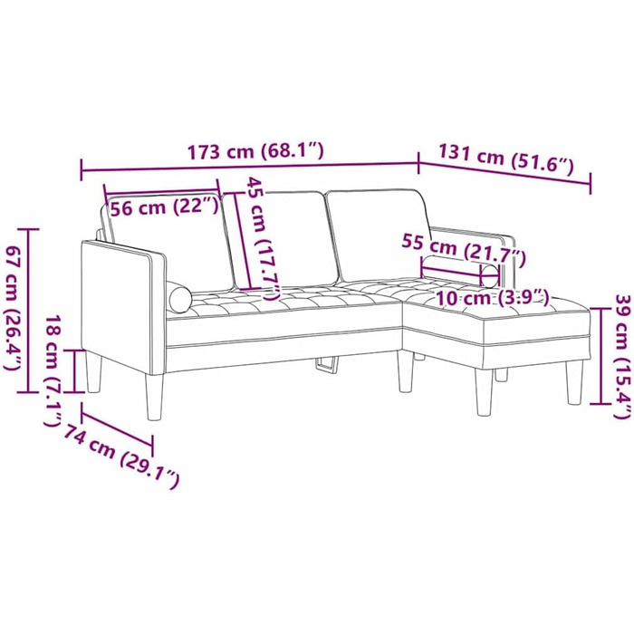 Г-подібний кутовий диван, комплект диванів, світло-сірий, 173 x 131 x 67 см, оксамит, світло-сірий, без лавки