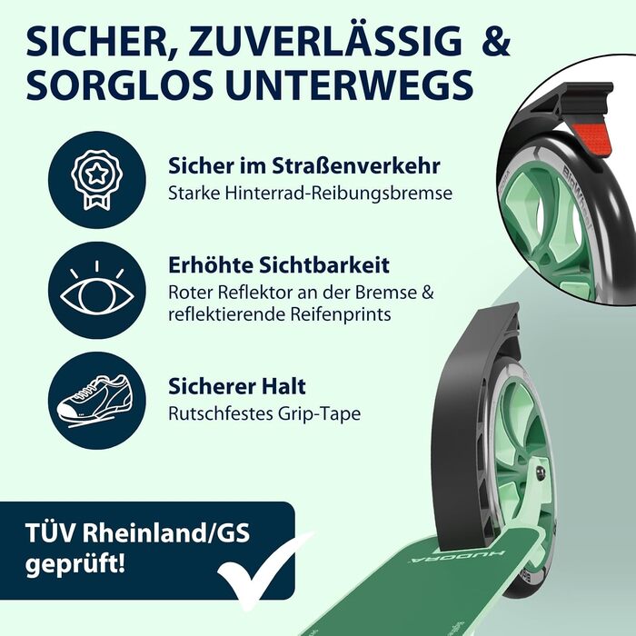 Самокат HUDORA BigWheel 205 Advanced комфортний алюмінієвий самокат до 100 кг, з регулюванням висоти та можливістю складання, для дітей, підлітків та дорослих, колір Pine
