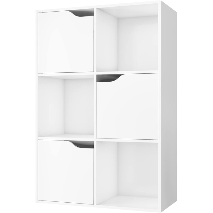 Книжкова полиця FirFurd, біла полиця, книжкова шафа з 3 дверцятами, полиця для зберігання з 6 відділеннями, офісна полиця для вітальні, кабінету, дитячої кімнати, 60 x 29 x 90 см