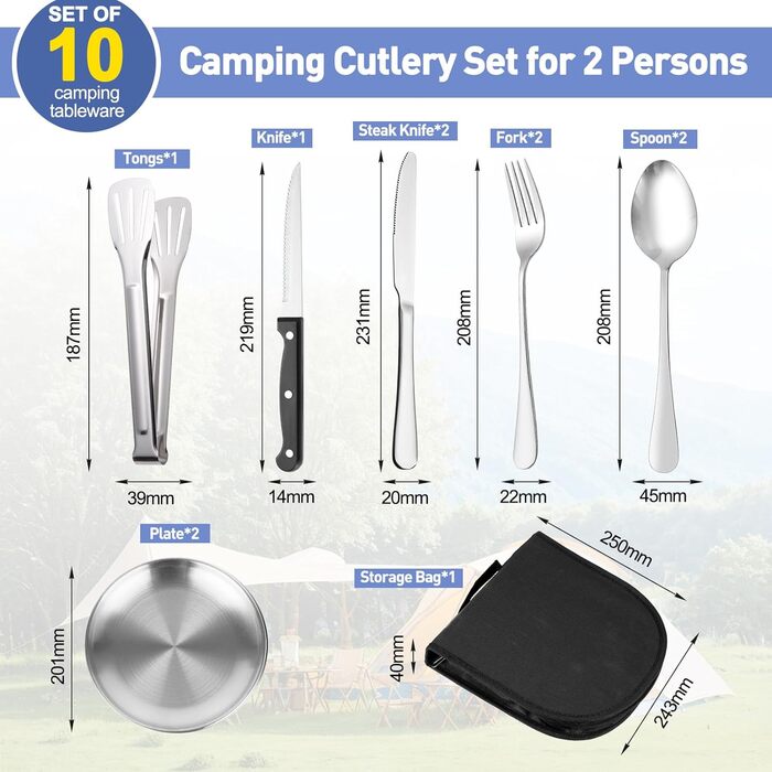 Набір кемпінгового посуду для 1-2 осіб, 10-предметний набір кемпінгових столових приборів з нержавіючої сталі, дорожні столові прибори, портативний кемпінговий посуд для пікніків та подорожей на свіжому повітрі з виделками, ножами, ложками з нержавіючої с